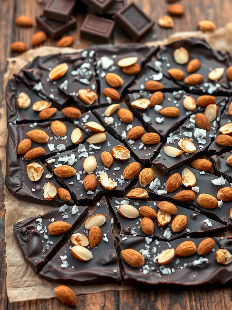 Dark chocolate bark with almonds and sea salt, broken into pieces on a wooden surface.